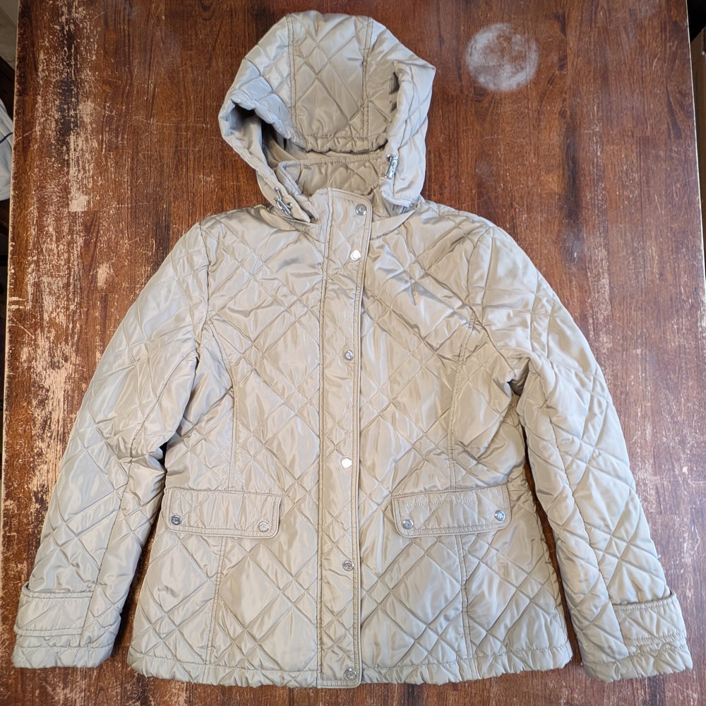Lauren Ralph Lauren Quilted Jacket Black Label Hooded Coat Beige Classy Used L